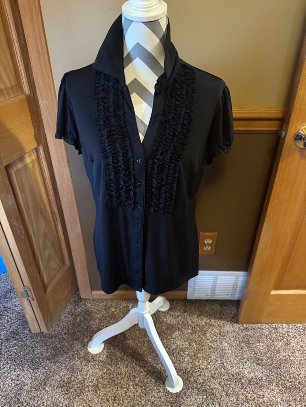 Dress Barn Black Ruffle-Front Button Down Blouse